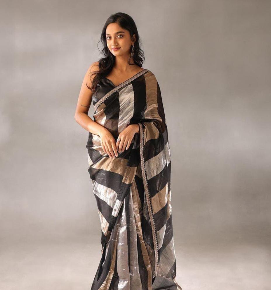 Premium Black & Gold Striped Silk Blend Saree