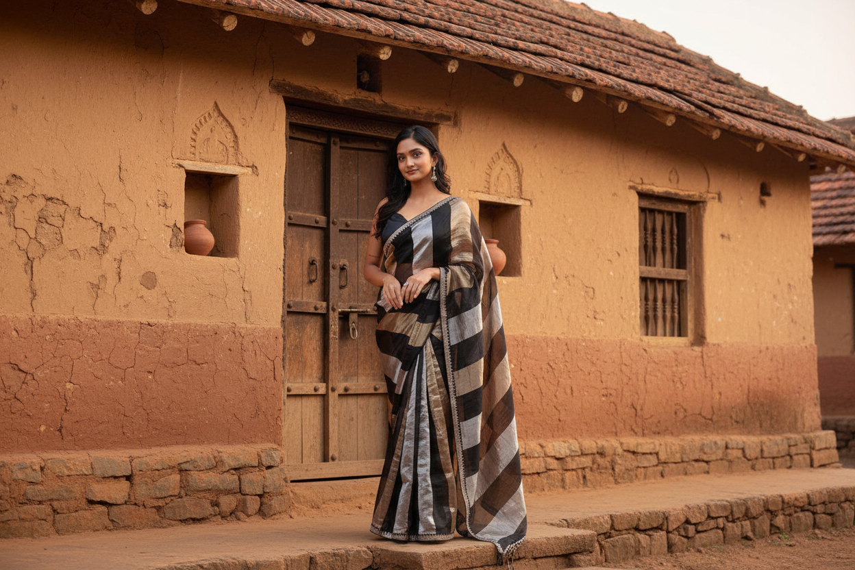 Premium Black & Gold Striped Silk Blend Saree