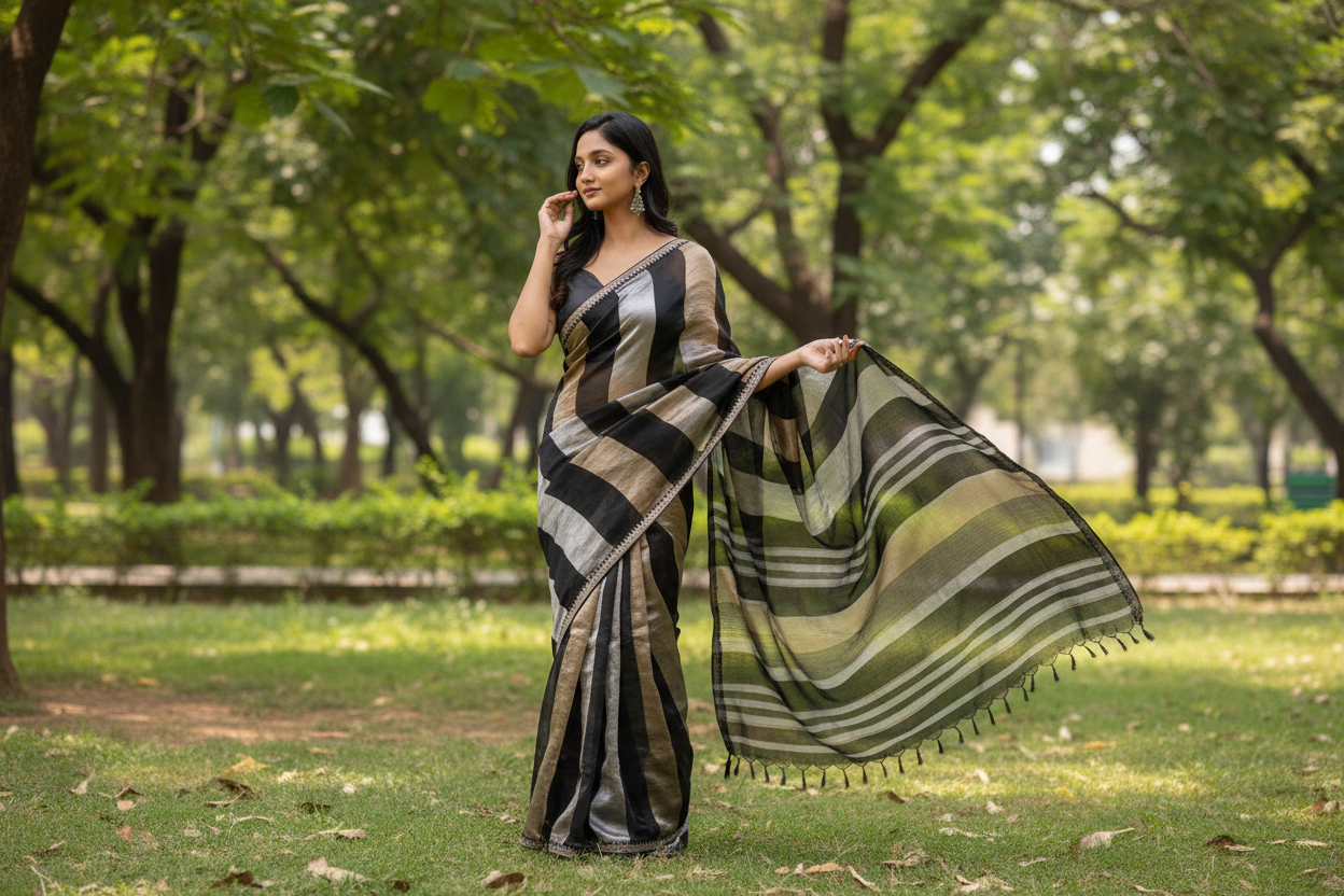 Premium Black & Gold Striped Silk Blend Saree