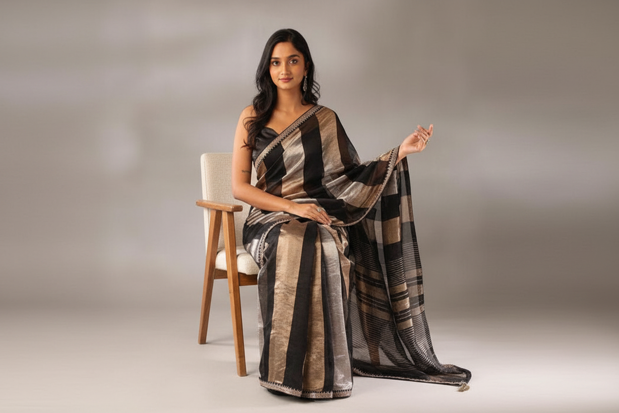 Premium Black & Gold Striped Silk Blend Saree