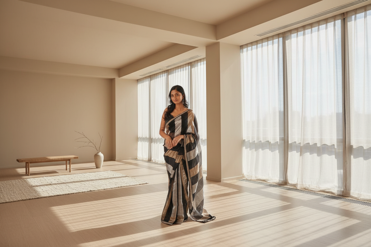 Premium Black & Gold Striped Silk Blend Saree