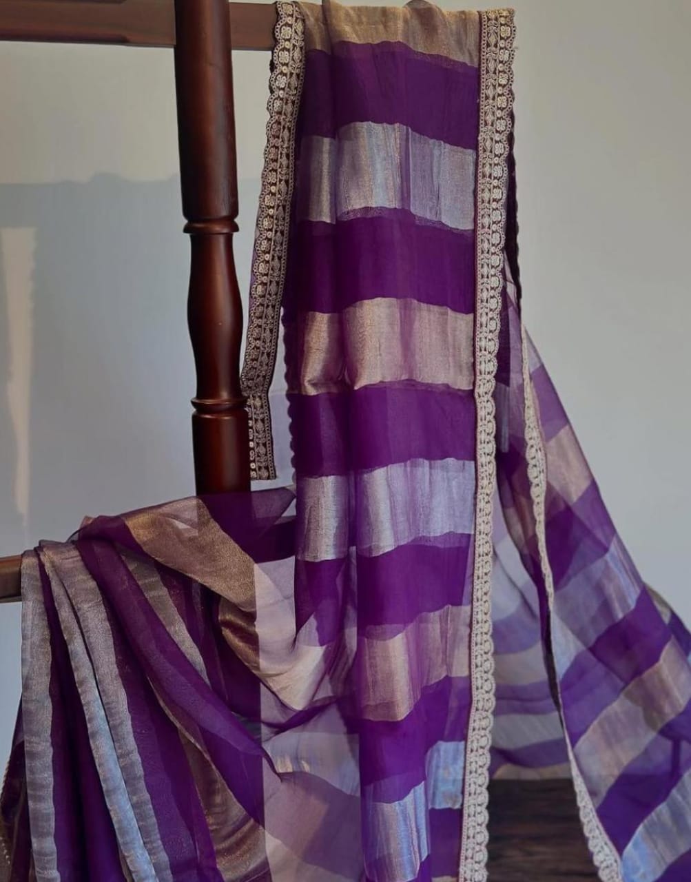 Elegant Purple Striped Handloom Silk Blend Saree with Lace Border