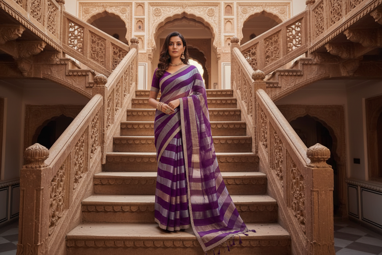 Elegant Purple Striped Handloom Silk Blend Saree with Lace Border