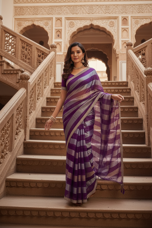 Elegant Purple Striped Handloom Silk Blend Saree with Lace Border