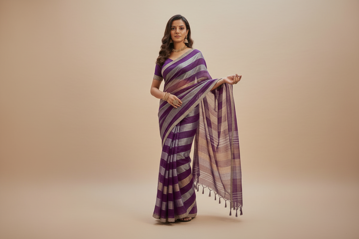 Elegant Purple Striped Handloom Silk Blend Saree with Lace Border