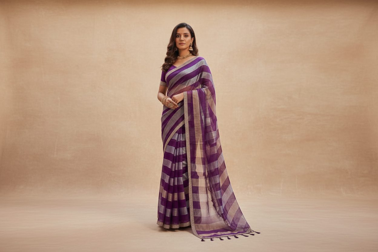 Elegant Purple Striped Handloom Silk Blend Saree with Lace Border