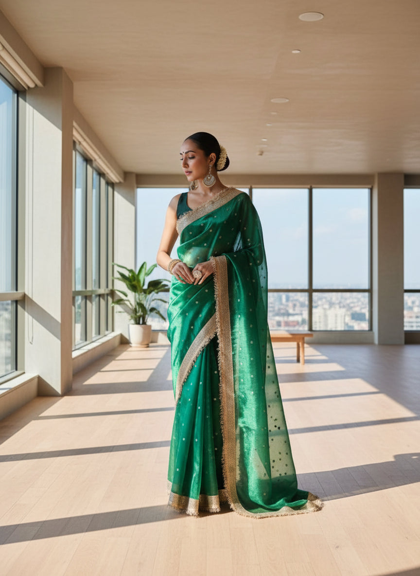 Mysore Green Silk Saree with Textured Gold Border