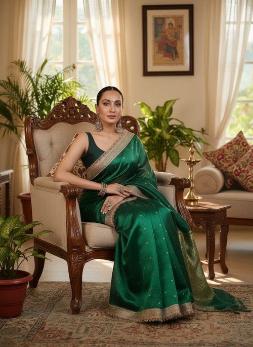 Mysore Green Silk Saree with Textured Gold Border