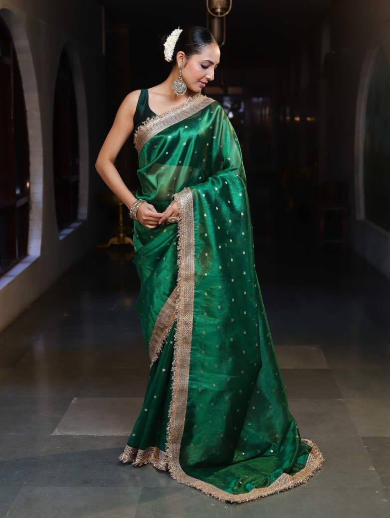 Mysore Green Silk Saree with Textured Gold Border