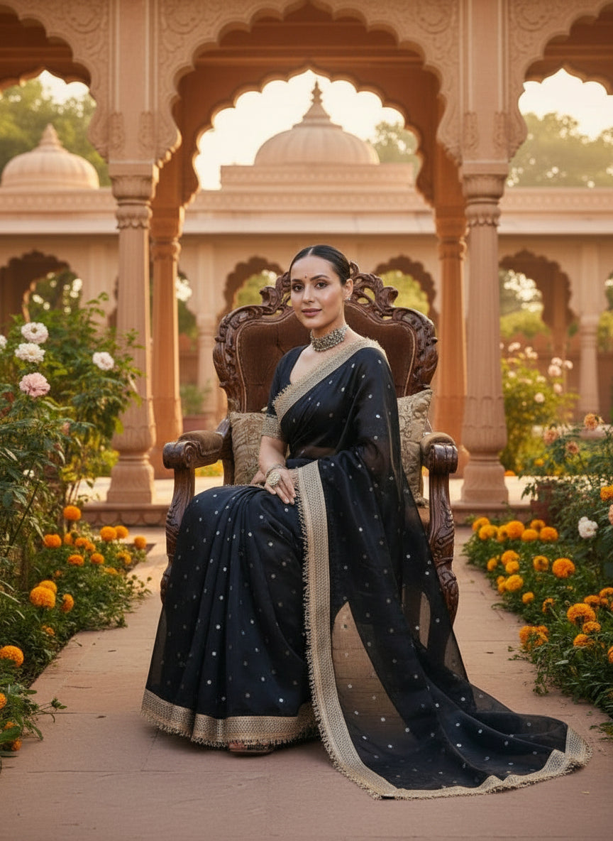 Jet Black Mysore Silk Saree With Border Champagne Gold
