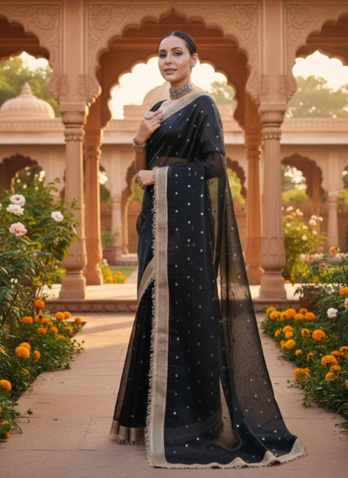 Jet Black Mysore Silk Saree With Border Champagne Gold