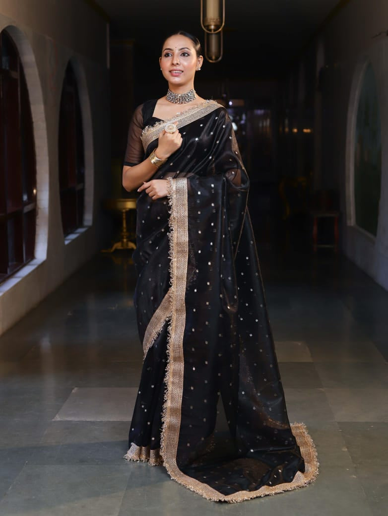 Jet Black Mysore Silk Saree With Border Champagne Gold
