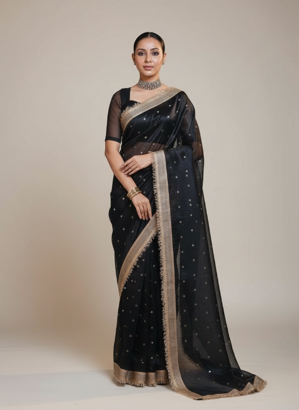 Jet Black Mysore Silk Saree With Border Champagne Gold