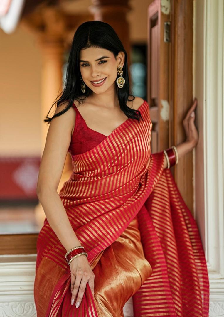 Scarlet Gold Zari Stripes Kanjivaram Silk Saree