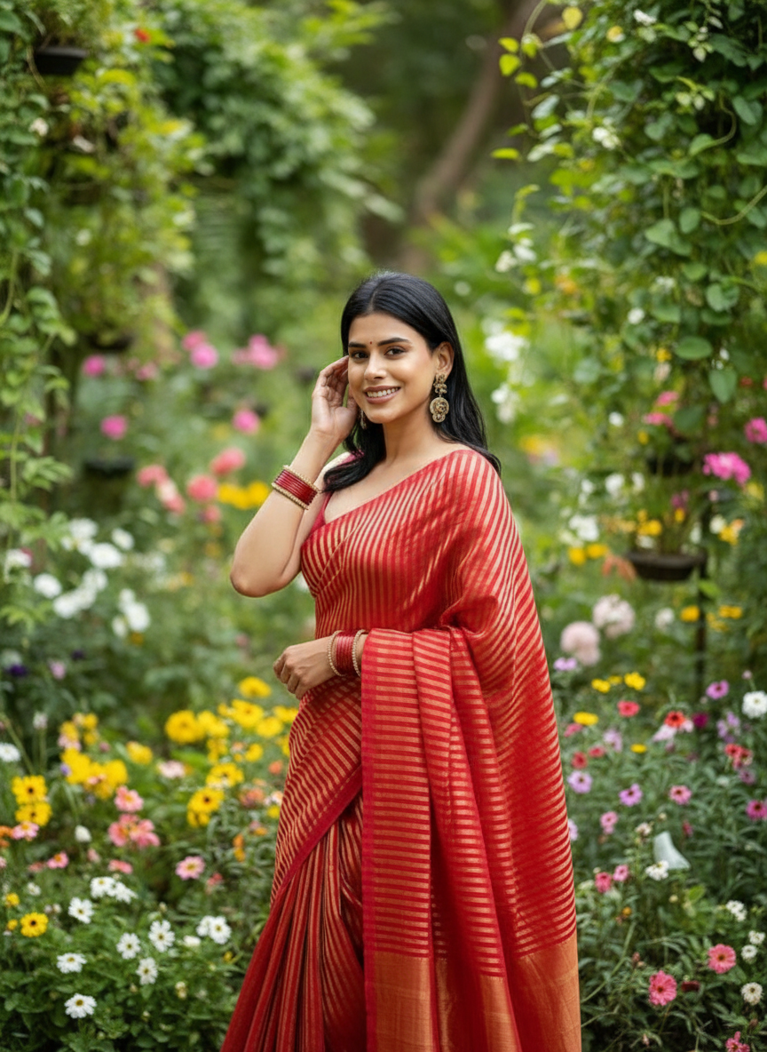 Scarlet Gold Zari Stripes Kanjivaram Silk Saree