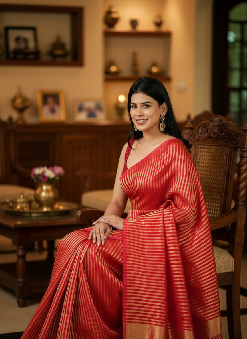 Scarlet Gold Zari Stripes Kanjivaram Silk Saree