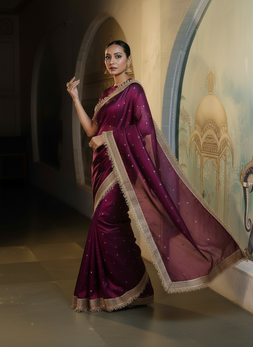 Festive Wine Mysore Silk Saree With Texture Gold Border